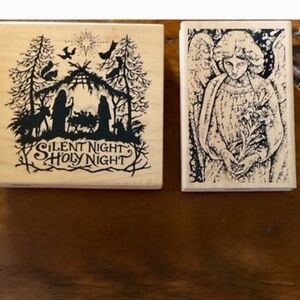Two Rubber Stamps on Wood- Nativity Scene & Angel